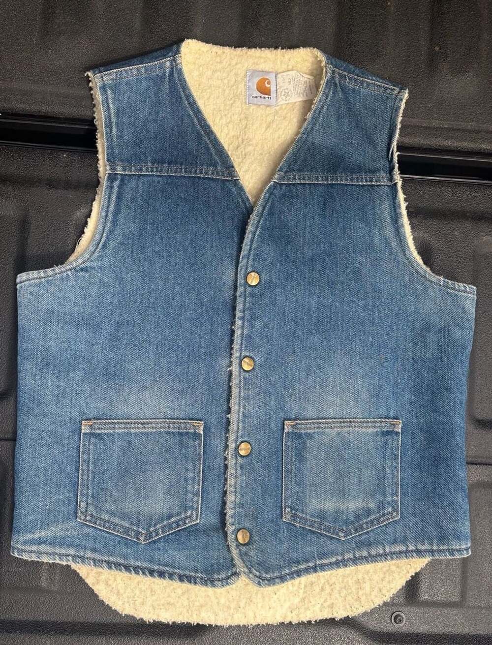 Carhartt Denim Sherpa Lined Vest Size M Blue Hand Painted Bear Design